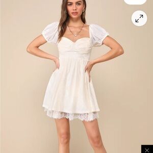 Ivory Lace Puff-Sleeve Mini Dress